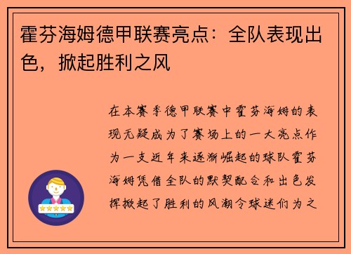 霍芬海姆德甲联赛亮点：全队表现出色，掀起胜利之风
